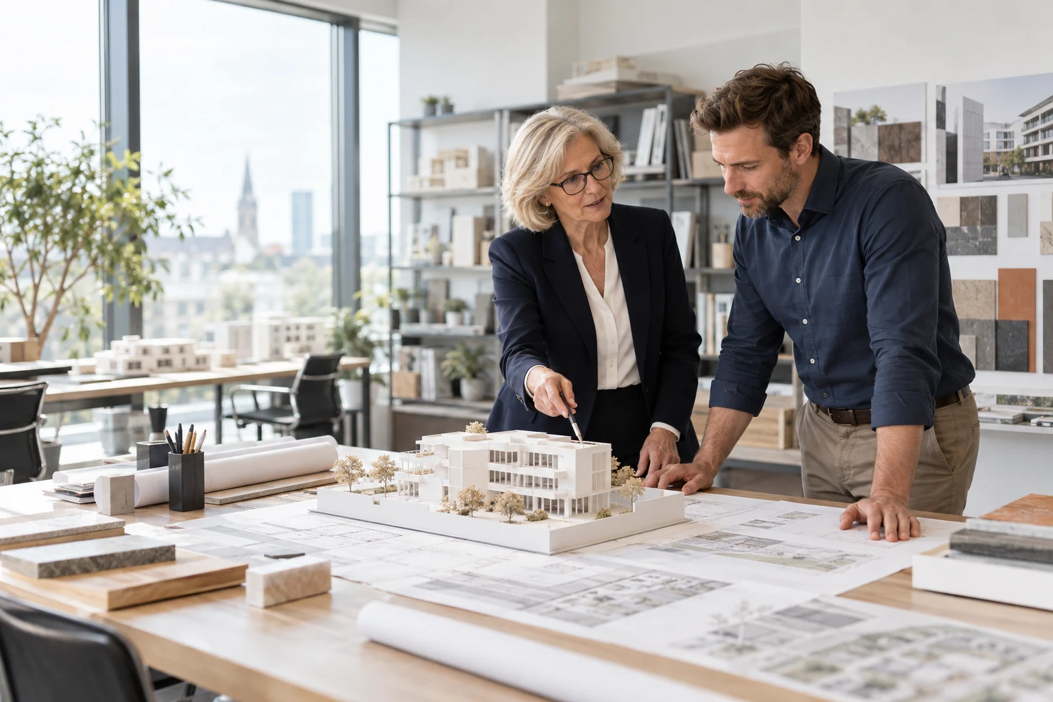 Erfahrene Inhaberin und möglicher Geschäftspartner besprechen ein Gebäudemodell